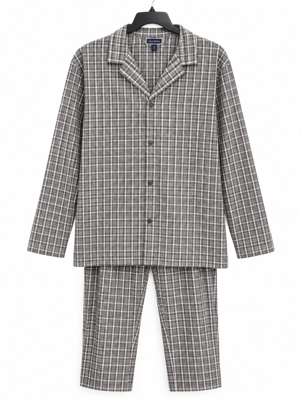 Club Room Men’s Gray Plaid Pajama Set Long Sleeve Button Front